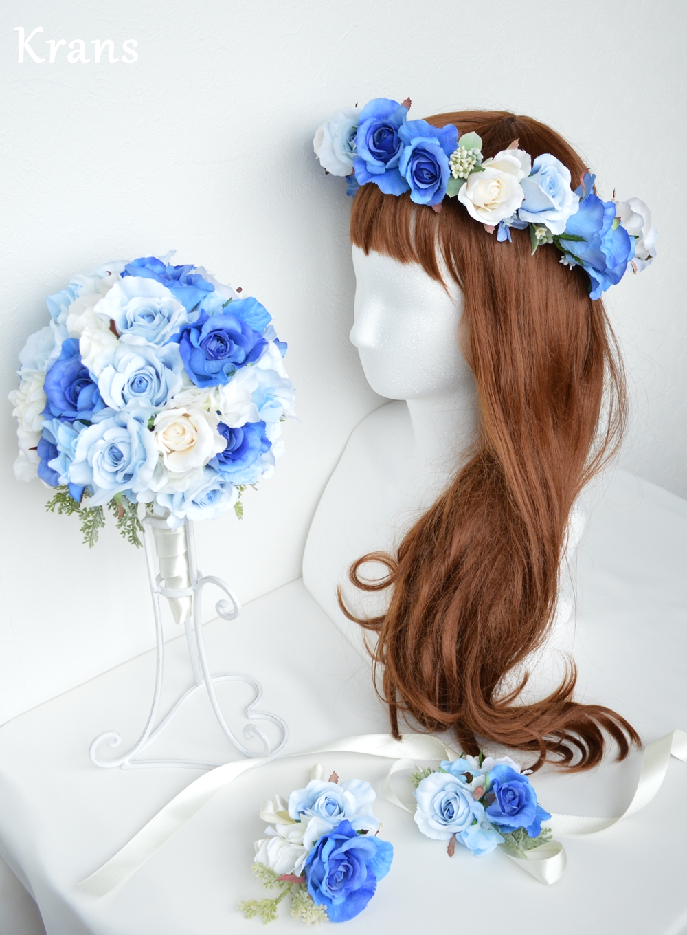 オーダー】美しいブルーローズの花冠・ブーケ・ブートニア・リスト 
