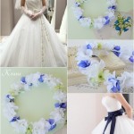青い花冠、ブルー花冠、結婚式の花冠に似合うドレスコーディネート、ウェディング花かんむり