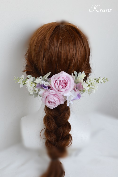 結婚式のピンクローズフラワーボンネヘッドドレスヘアスタイル