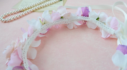 子供用結婚式のピンク花冠リボン加工