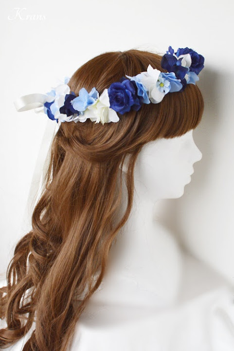 青いバラとあじさいの結婚式用花冠ヘアアレンジ２