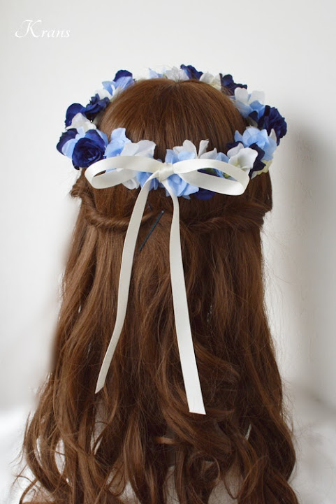 青いバラとあじさいの結婚式用花冠ヘアアレンジ３