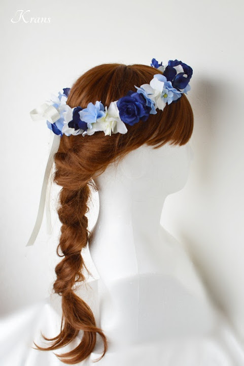 青いバラとあじさいの結婚式用花冠ヘアアレンジ４