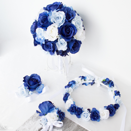 青いブーケ花冠ブートニア結婚式セット