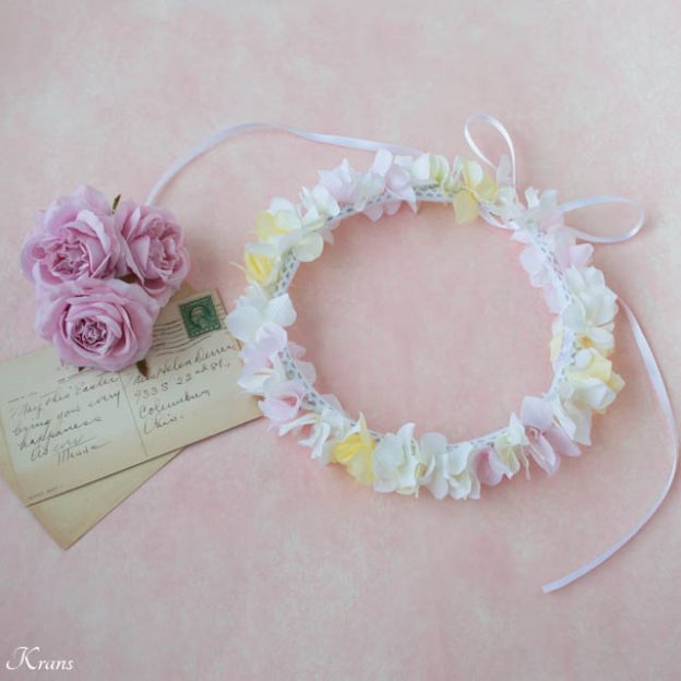 白黄ピンクのアジサイ結婚式用花かんむり