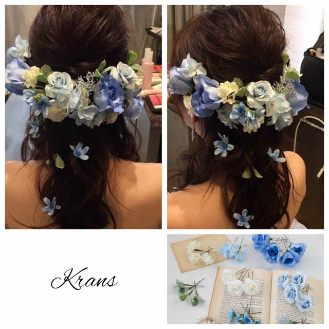 結婚式青い花髪飾り３