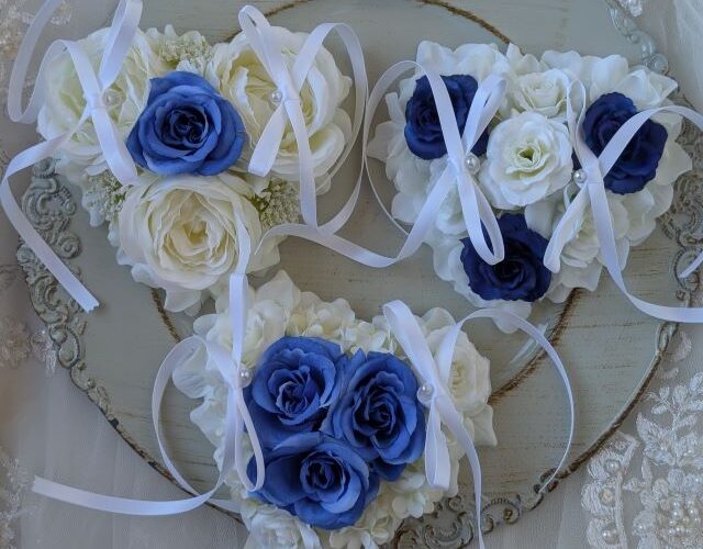 【N様オーダーメイド】ハート型ホワイト&ブルーのリングドッグ用リングピロー